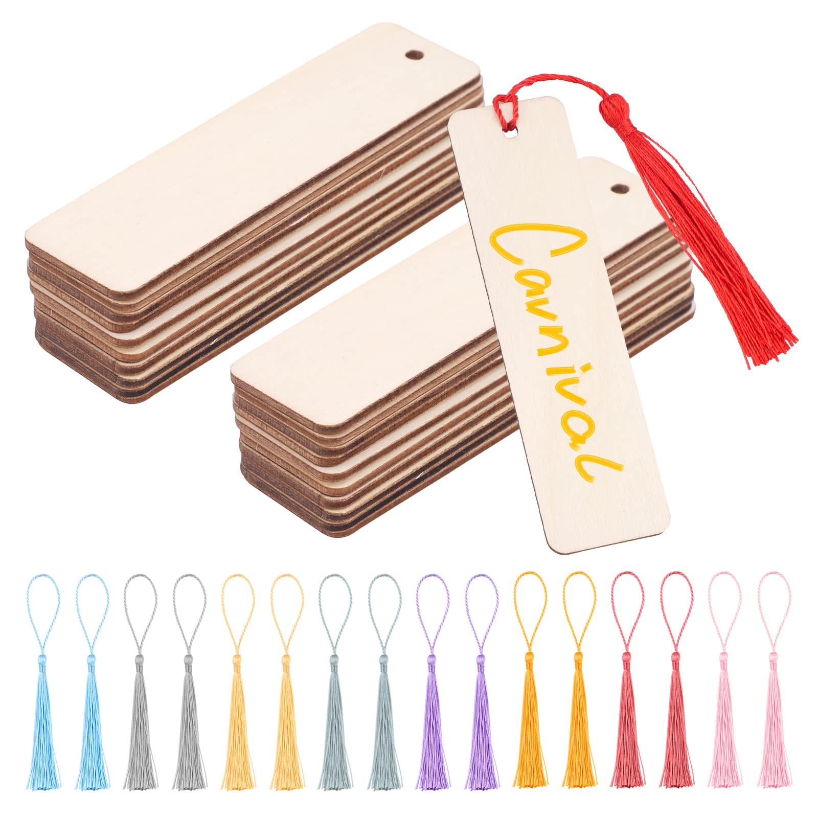 64 Wood Bookmarks Set - 32 DIY Craft & 32 Tassel Bookmarks - 12x3.2cm Wooden Hanging Tags