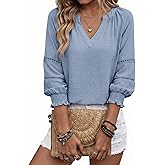 Dokotoo Womens 3/4 Sleeve Tops Pleated Business Casual Outifits V Neck Blouses Office Loose Shirts