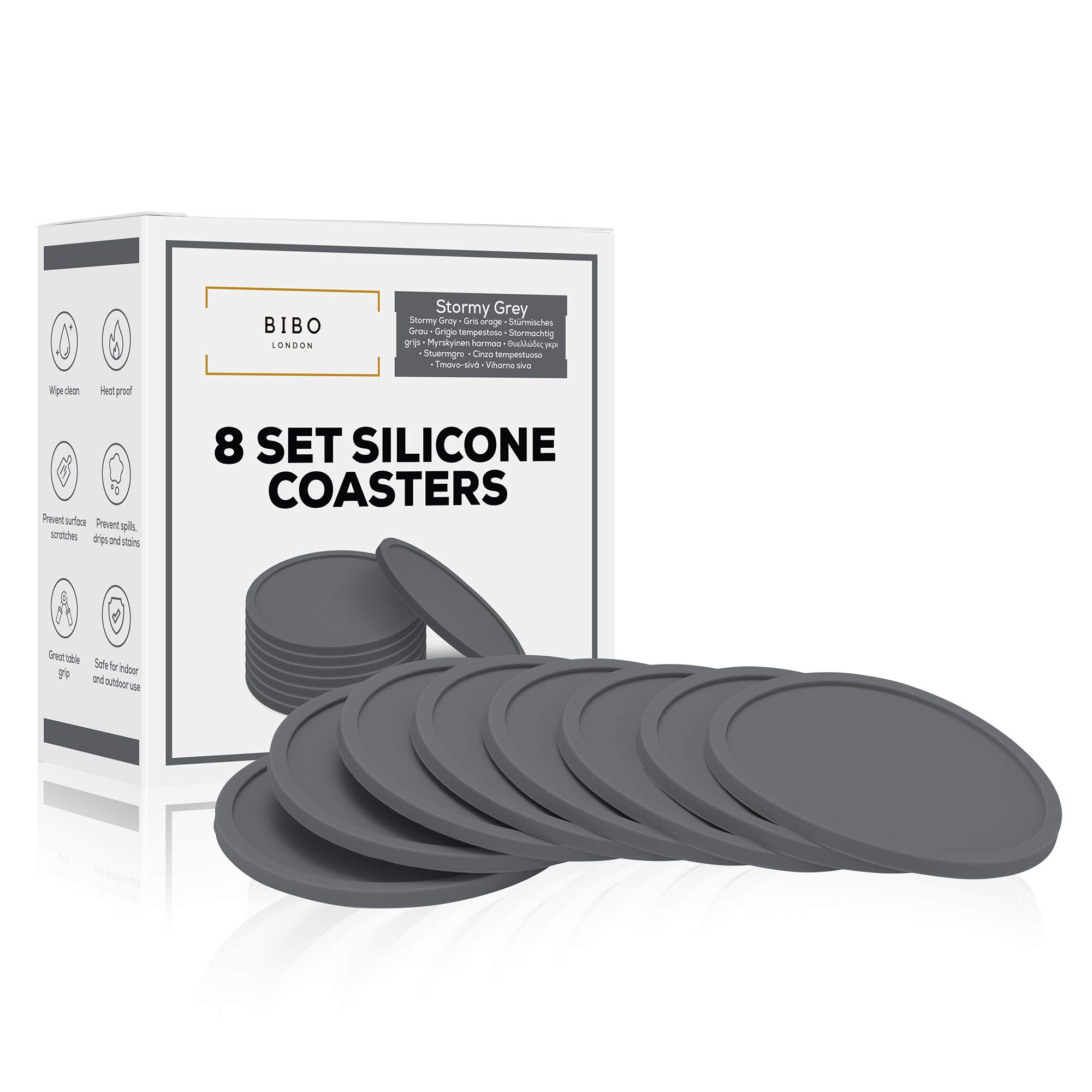 Set of 8 Stormy Grey Drink Coasters by BIBO London™. Heatproof Drinks Mats - Protecting All Table Surfaces Including Wood, Glass, Marble, Stone.