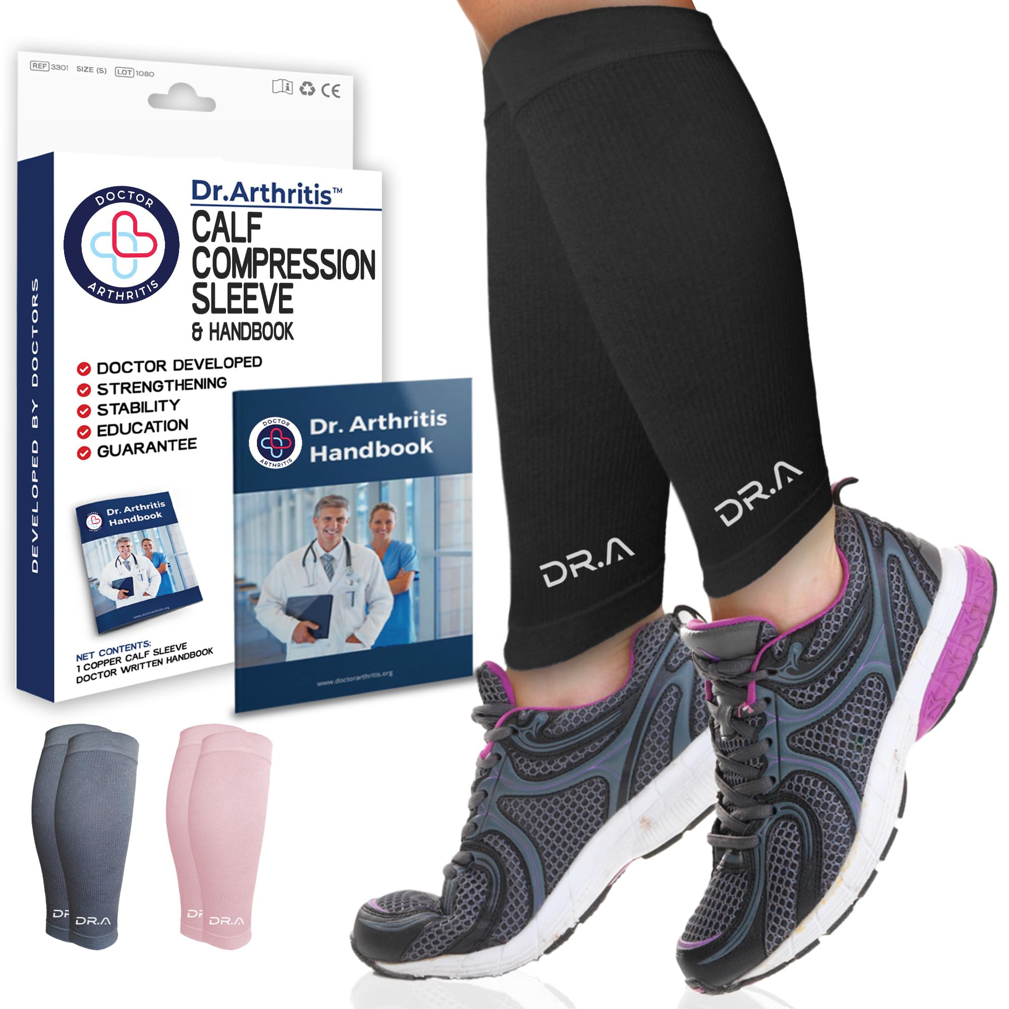 Dr.Arthritis Medical Calf Support & Leg Compression Sleeve & Doctor Handbook, Doctor Developed Shin Splints Support For Varicose Veins & Leg Discomfort, Calf Compression Sleeve Men & Women (M, Black)