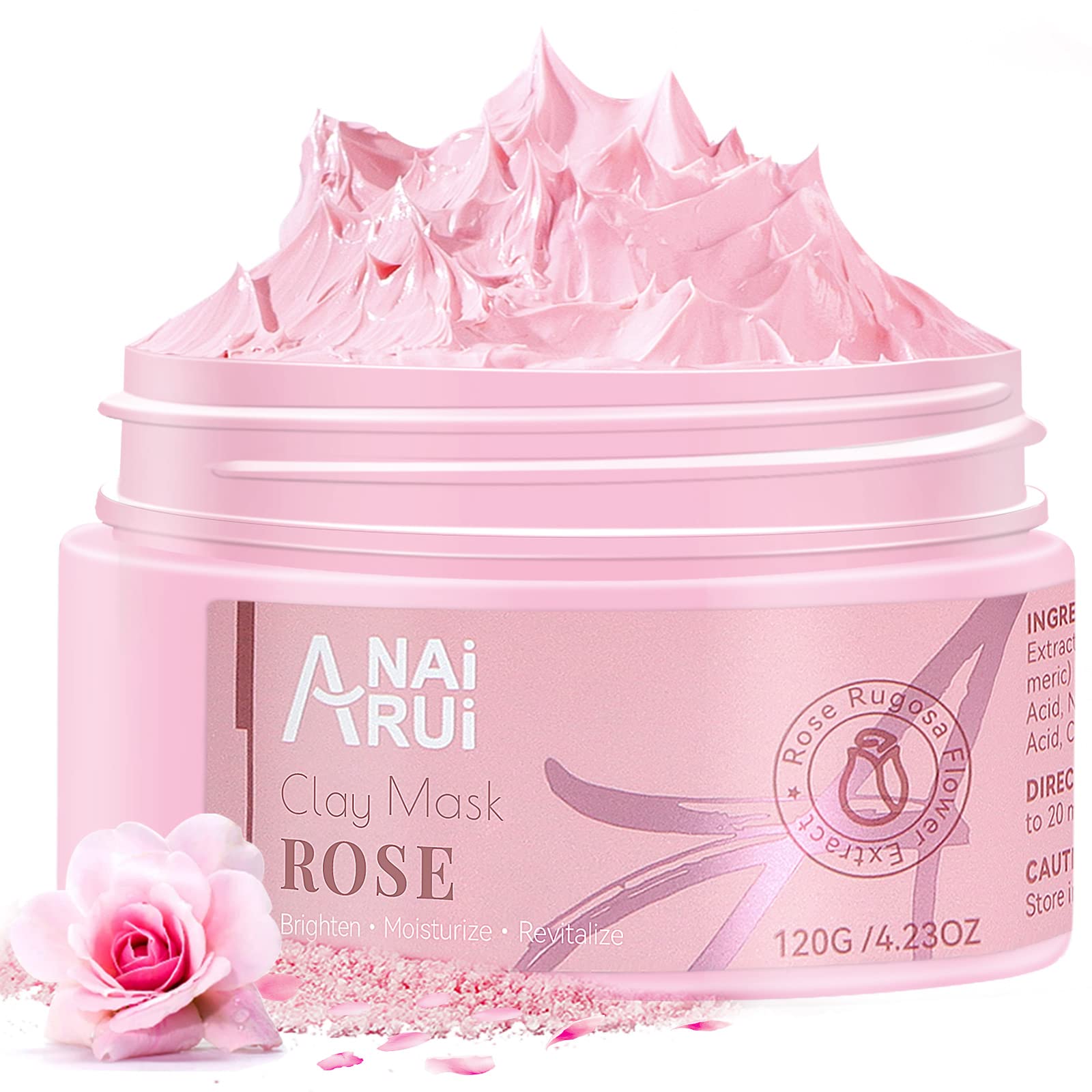 ANAiRUi Rose Clay Mask, with Kaolin Pink Clay, Niacinamide, Collagen, Hyaluronic Acid, for Blackhead Remover, Pores Minimizers, Face Masks Beauty, Valentine's Day Gift, 120g
