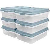 Hefty Hi-Rise Storage Bin with Lid, 40 Quart, Smoke Blue, 6 Pack | Stackable Plastic Container Tote for Home, Office, and Classroom Organization