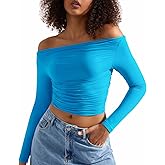 SUUKSESS Women Off Shoulder Long Sleeve Shirts Double Lined Fitted Crop Tops