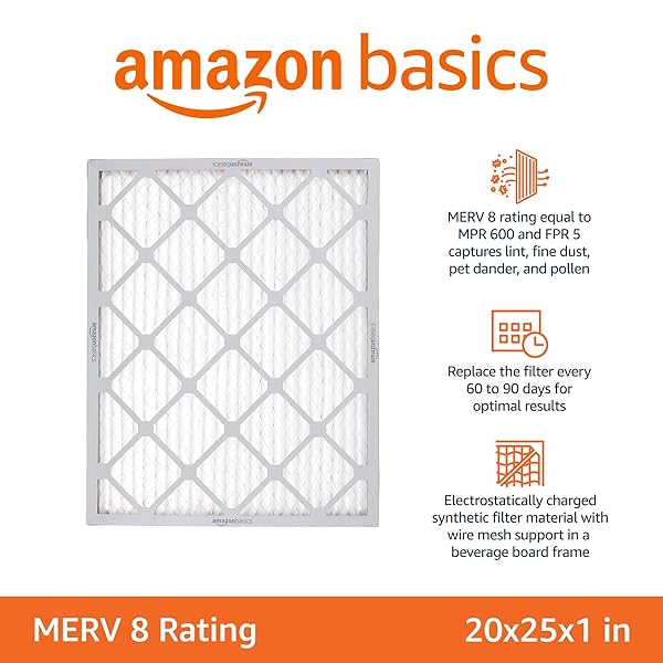 AMAZON BASICS 20X25X1 AIR FILTER 6-PACK, MERV 8 AC FURNACE FILTERS, REMOVES DUST, ELECTROSTATIC, ALLERGY CONTROL (ACTUAL SIZE: 19.75″ X 24.75″ X 0.75″)