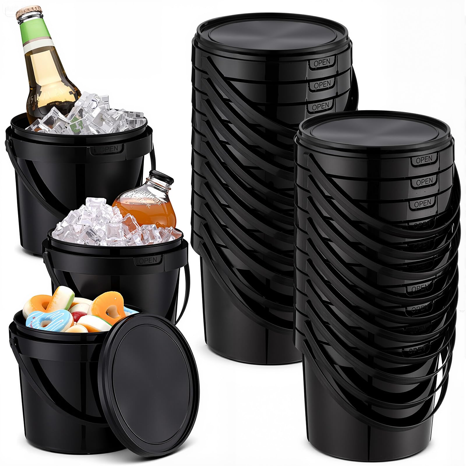 View 1 of **********Only 7 buckets*************
Funnymoom 20 Pack 48 oz Black Buckets with Lid and Handle Plastic Food Storage Containers Round Plastic Pails Freezer and Microwave Safe for Food