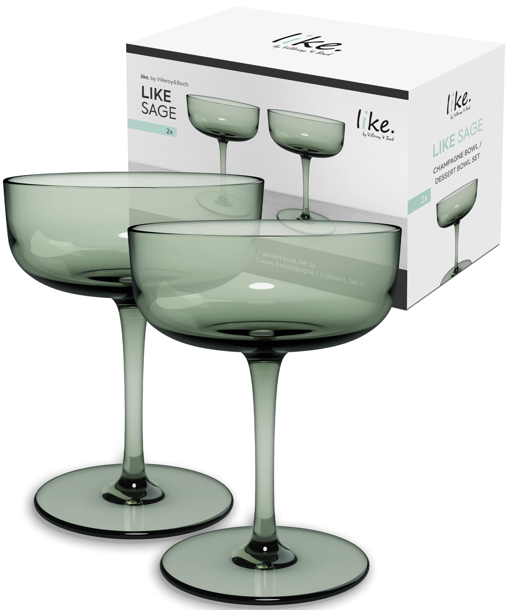 like. by Villeroy & Boch – Like Sage Champagne Coupe/Dessert Bowl Set 2 pces, Coloured Glass Green, Capacity 100 ml