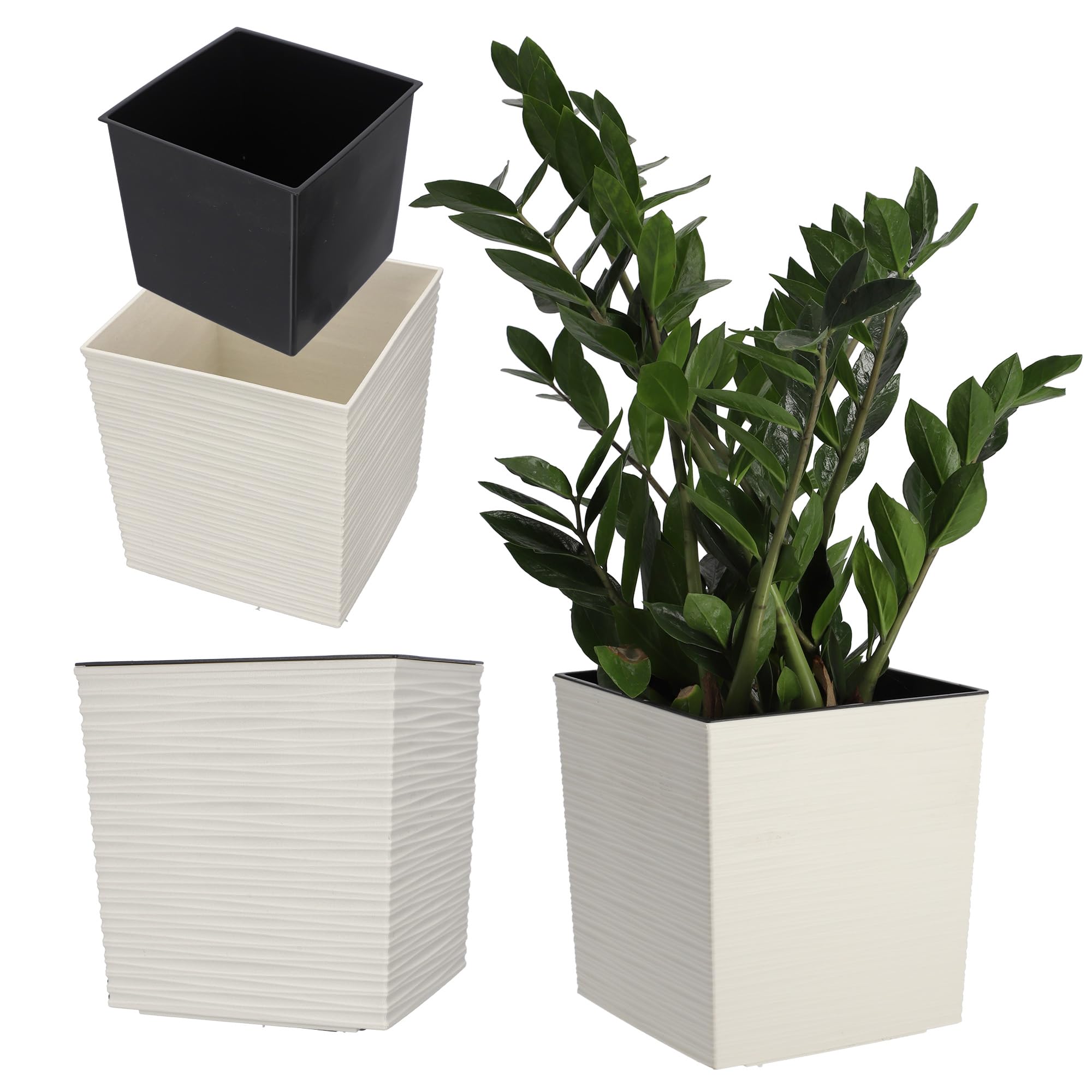 KADAX Square Planter, Large Flower Pot for Indoor and Outdoor Use, Lightweight Plastic Plant Pot with Insert for Houseplants (19.5 cm, Cream)