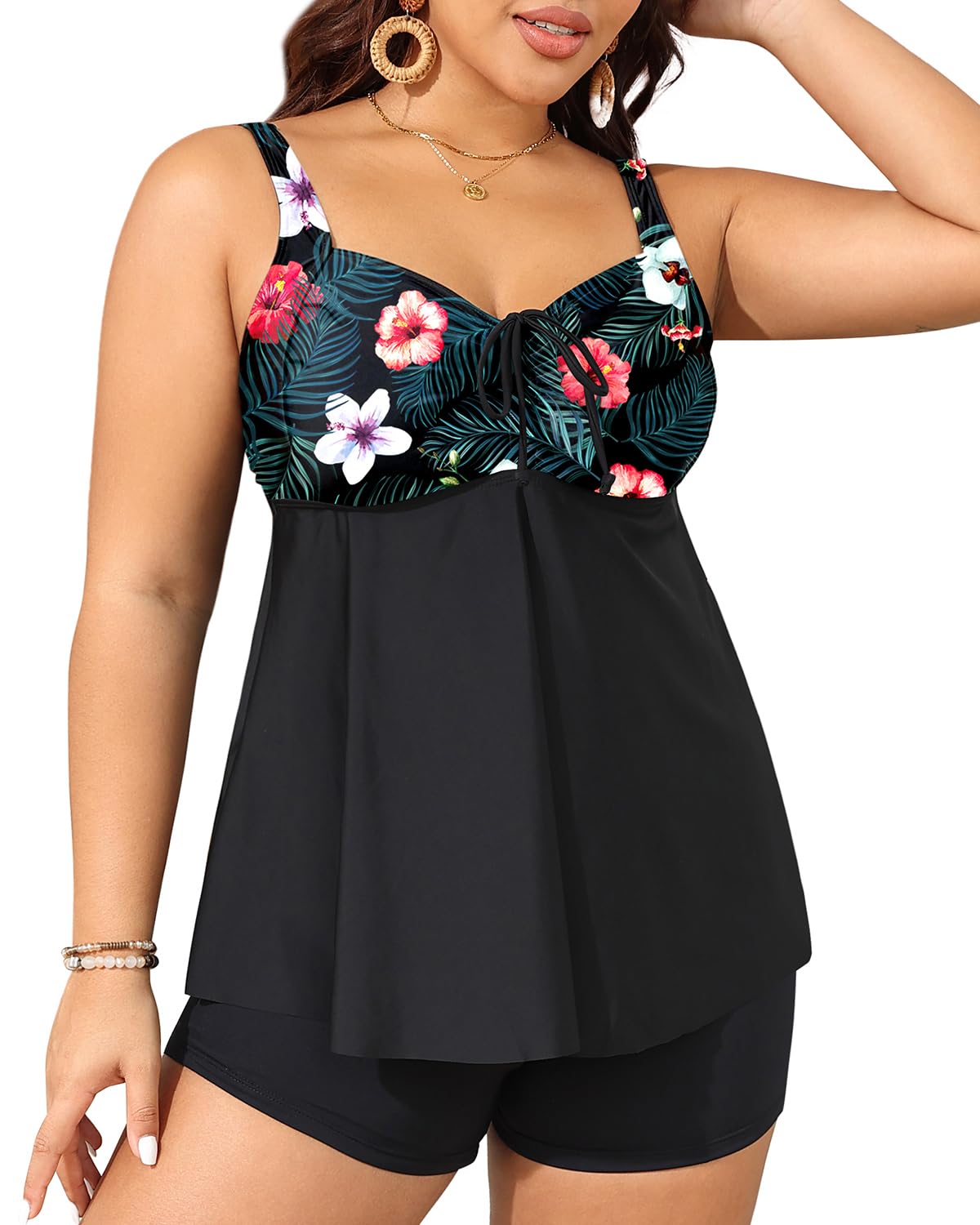Photo 1 of Yonique Plus Size Tankini Swimsuits for Women Tankini with Shorts Two Piece Bathing Suits Flowy Swimwear Black Flower 12plus
