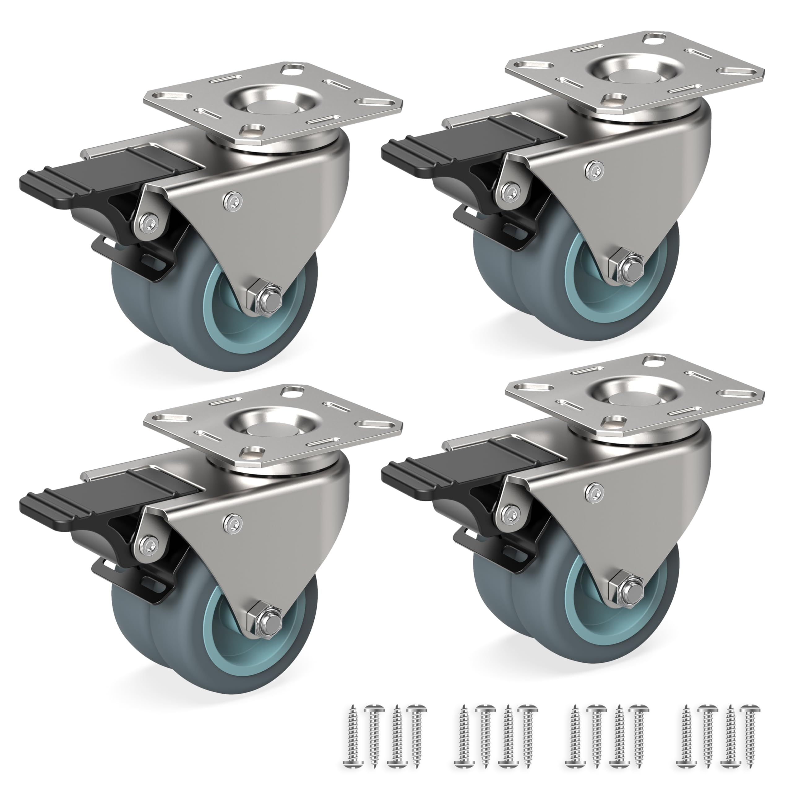RAVN HAMAN Set of 4 Heavy Duty Furniture Castors - 50 mm Wheels with Brake, Up to 100 kg per Wheel - Suitable for Indoor and Outdoor Use, Swivel Castors for Various Floor Types