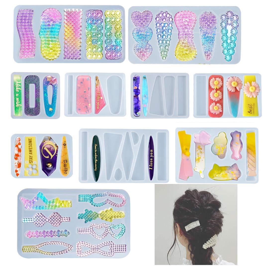 iSuperb 10 PCS Hair Clip Silicone Resin Moulds, Jewelry Moulds Set DIY Pearl Hair Pin Epoxy Resin Casting Molds for Girl Barrettes, Pendant, Keychain, Bookmarks