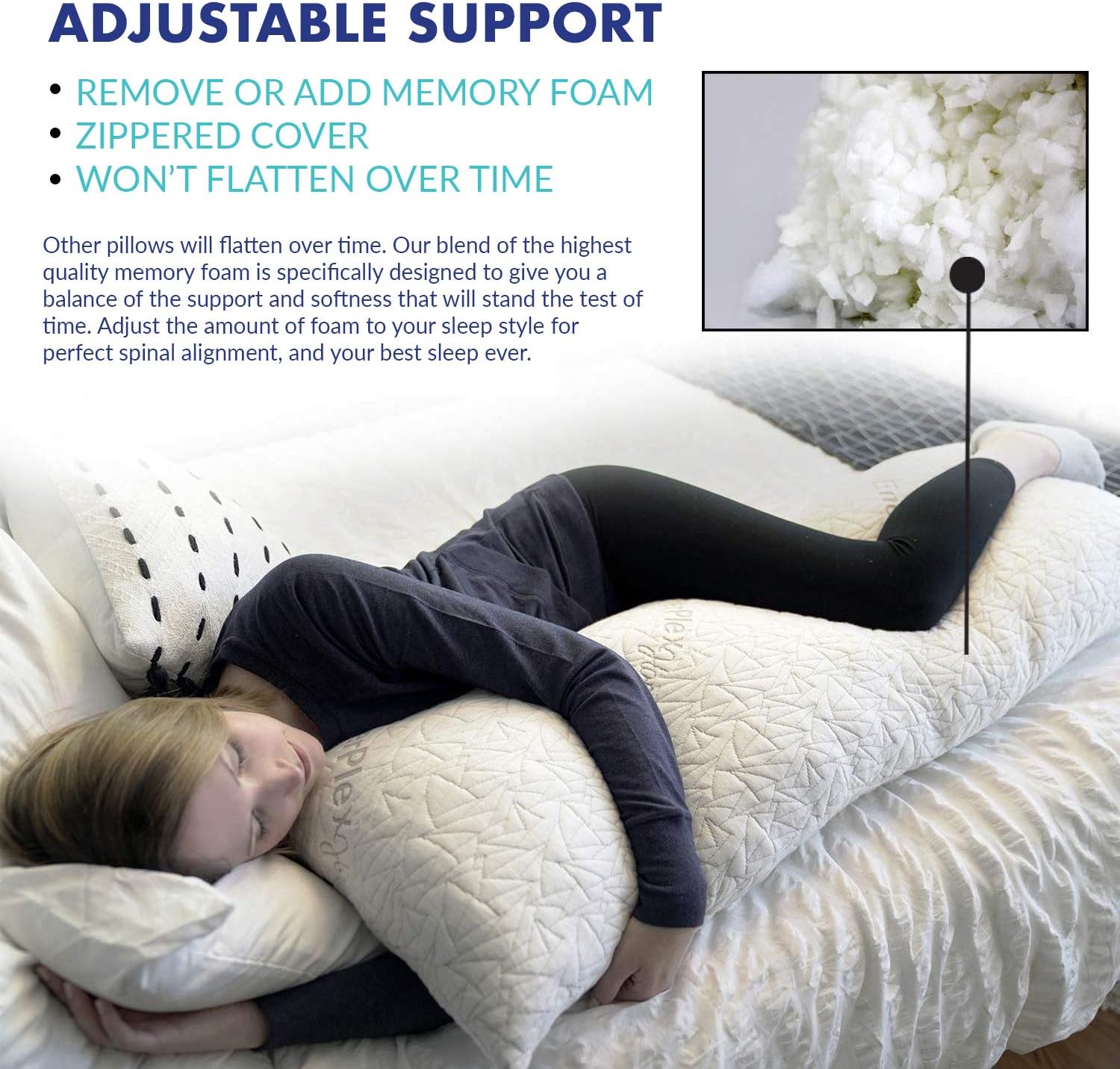 EnerPlex Never-Flat Body Pillow, CertiPUR-US Certified Adjustable Shredded Memory Foam Luxury Body Pillow, Machine Washable, Bamboo Cover, 54x20 Lifetime Promise, Will Not Go Flat: Kitchen & Dining