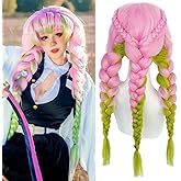 ANOGOL Hair Cap+ Long Pink Green Ombre Wig with 3 Braids Womens Pink Mixed Green Braided Wig for Anime Cosplay Synthetic Hair Women Girls Comic Cartoon Costume Party Wigs for Halloween Christmas