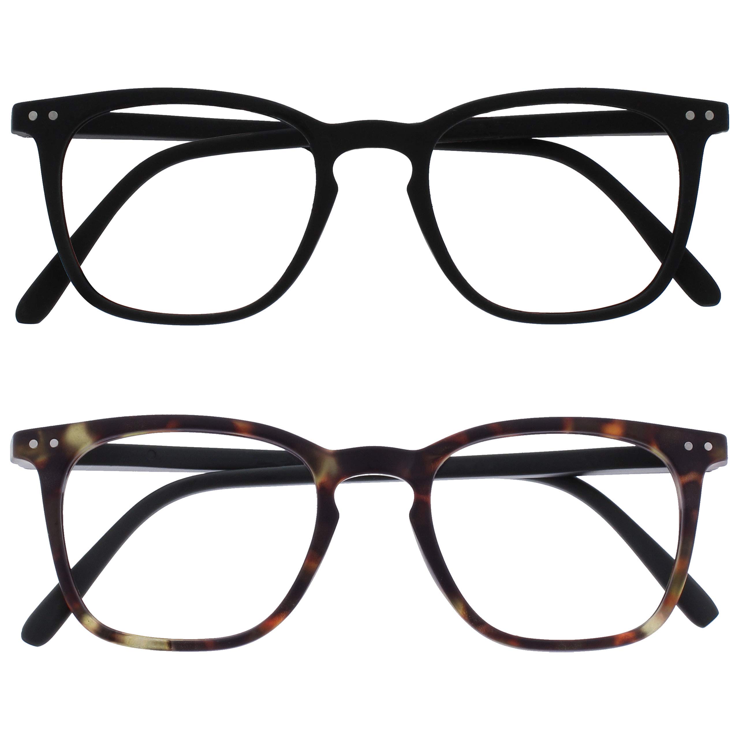 OPULIZE Bex Reading Glasses 2 Pack Large Square Cool Designer Frame Spring Hinges Scratch Resistant Matt Black Brown Mens Womens RR64-12 +2.00