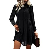 KIRUNDO Long Sleeve Baby Doll Dresses Women 2026 Casual Spring Summer Ruffle Mock Neck Tiered Mini Flowy Swing Shift Dress