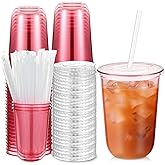 Ziliny 50 Sets Clear Plastic Cups with Lids and Straws, Disposable Iced Coffee Cups Drinking PET for Cold Drinks, Juice, Smoothie, Coffee Shops, Party, Christmas(Pink,16 oz)