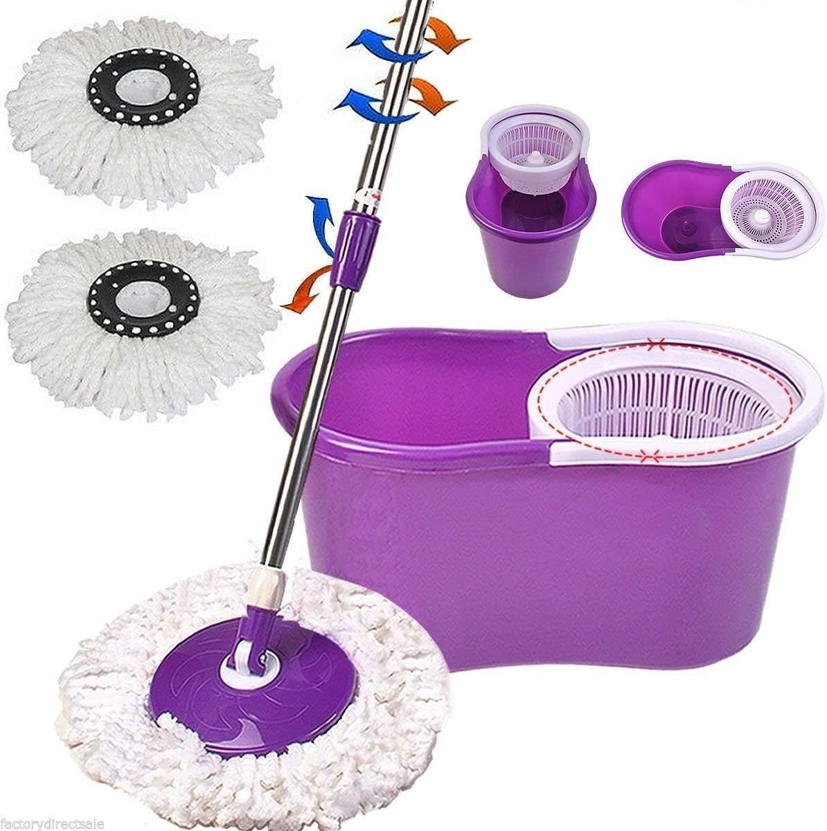 PrimeTrendz Easy Magic Floor Mop 360° Bucket 2 Heads Microfiber Spin Spinning Rotating Head in Assorted Color in Purple, Blue Or Green