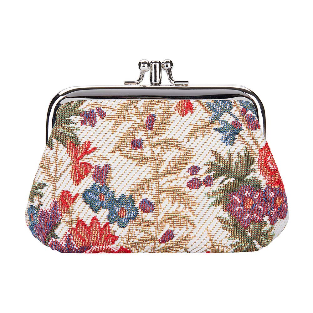 Signare Tapestry Cute Exquisite Double Pocket Kiss Lock Coin Purse for Women with William Morris Design (Flower Meadow)