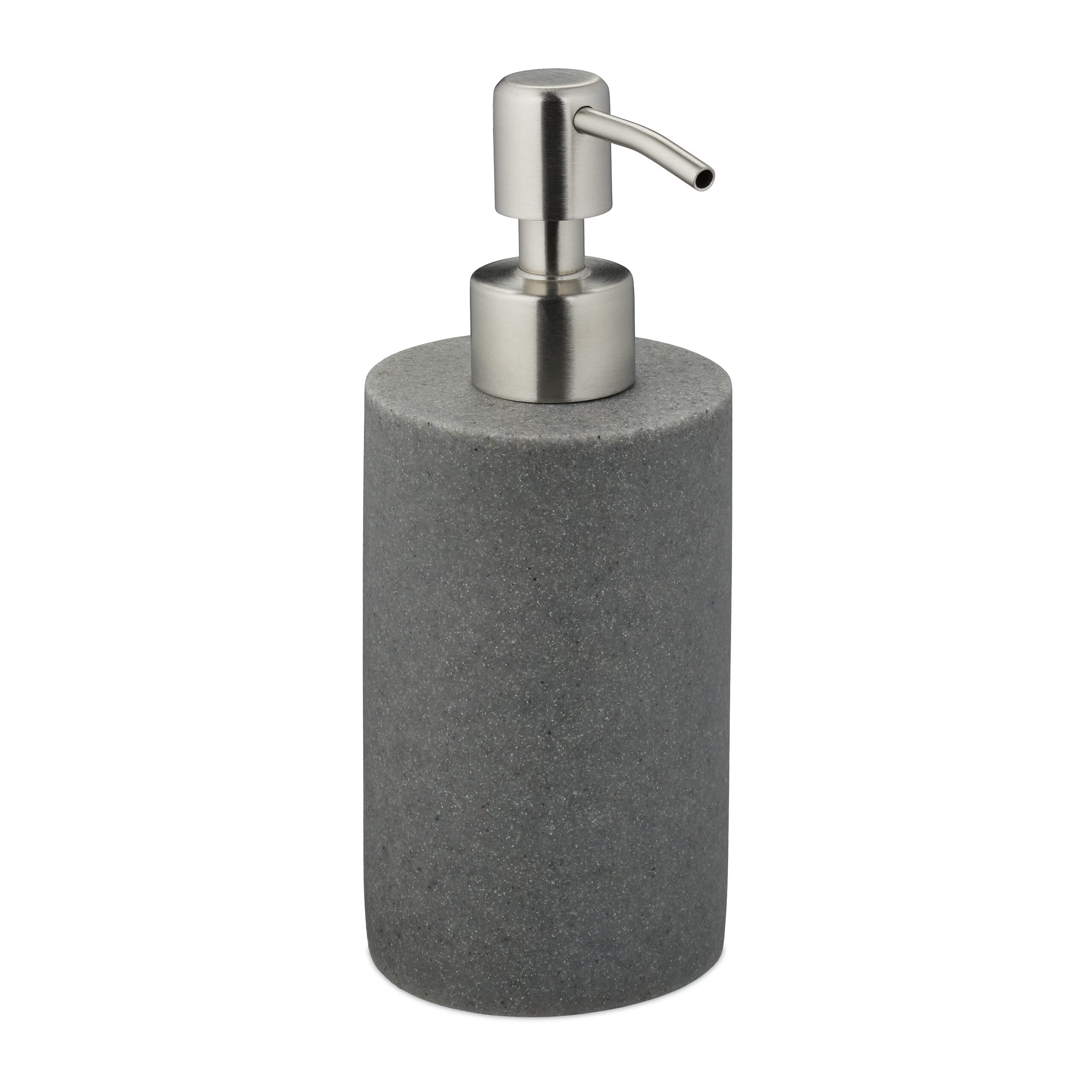 Relaxdays Soap Dispenser, 180 ml, Refillable, Bathroom, for Liquids & Lotion, Polyresin, Stainless Steel Pump, Grey