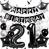 Pasiihol 21st Birthday Decorations: Black 21 Balloon Number, Banner, Star & Silver Balloons, Ribbon & Straw - 19 Pieces for Unisex Adults