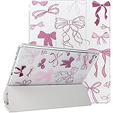Lovmooful Compatible for iPad 9/8/7 (10.2-Inch,2021/2020/2019 Model,9th/8th/7th Generation) Case with Pencil Holder Cute Ribbon Bowknot Soft TPU Trifold Stand Protective-White&Pink