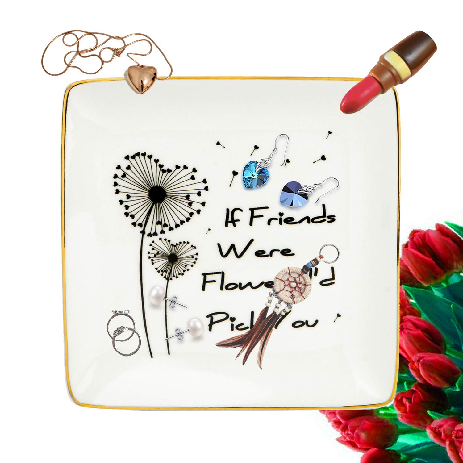 DOIOWN Bestie Gift Ceramic Jewelry Trays Ring Dish Friendship Gift for her Gift for Best Friend, Sister - If Friends were Flowers I\'d Pick You