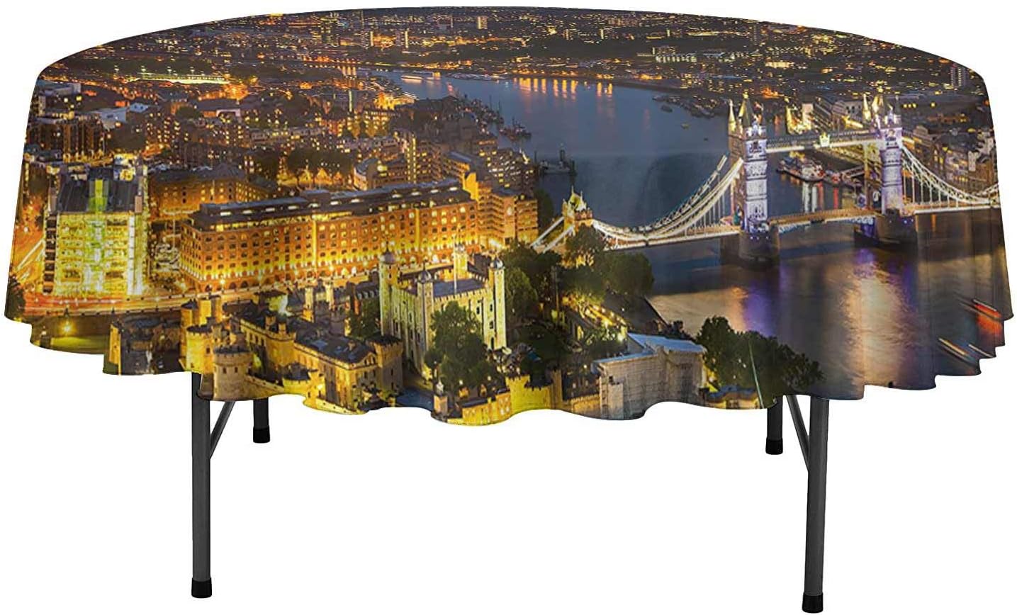 Aishare Store Spill Proof Table Cloth Modern Sunset at London England Cityscape Night Lights and Tower Bridge Landmark Urban Table Cover for Holiday Dinner D70 Inch Yellow Bluegrey