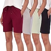 Real Essentials 4 Pack: Women's 7" Bermuda Long Casual Yoga Super-Soft Loose Comfy Shorts with Pockets (Available in Plus)
