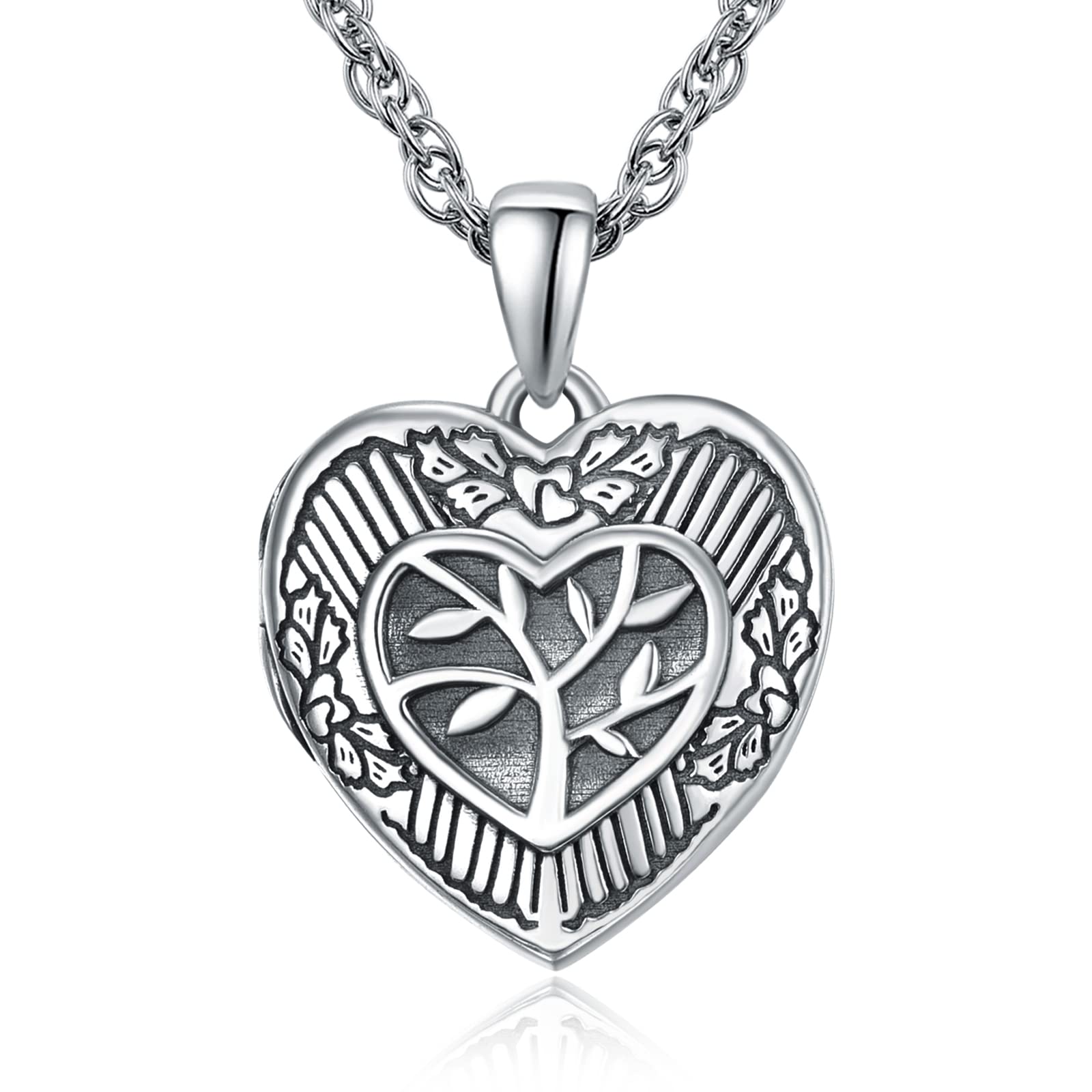 KINGWHYTE Locket Necklace 925 Sterling Silver Tree of Life Locket Necklace That Holds Pictures Heart Family Tree Jewellery Gifts for Men Women