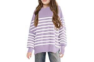BATERMOON Girls Striped Oversized Sweaters Fashion Batwing Sleeve Side Slit Knit Pullover Clothes 5-14 Years