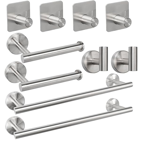 TocTen Badezimmer-Set Aus Edelstahl – Handtuchstange, Toilettenpapierhalter & 3 Haken – Gebürstetes Gold