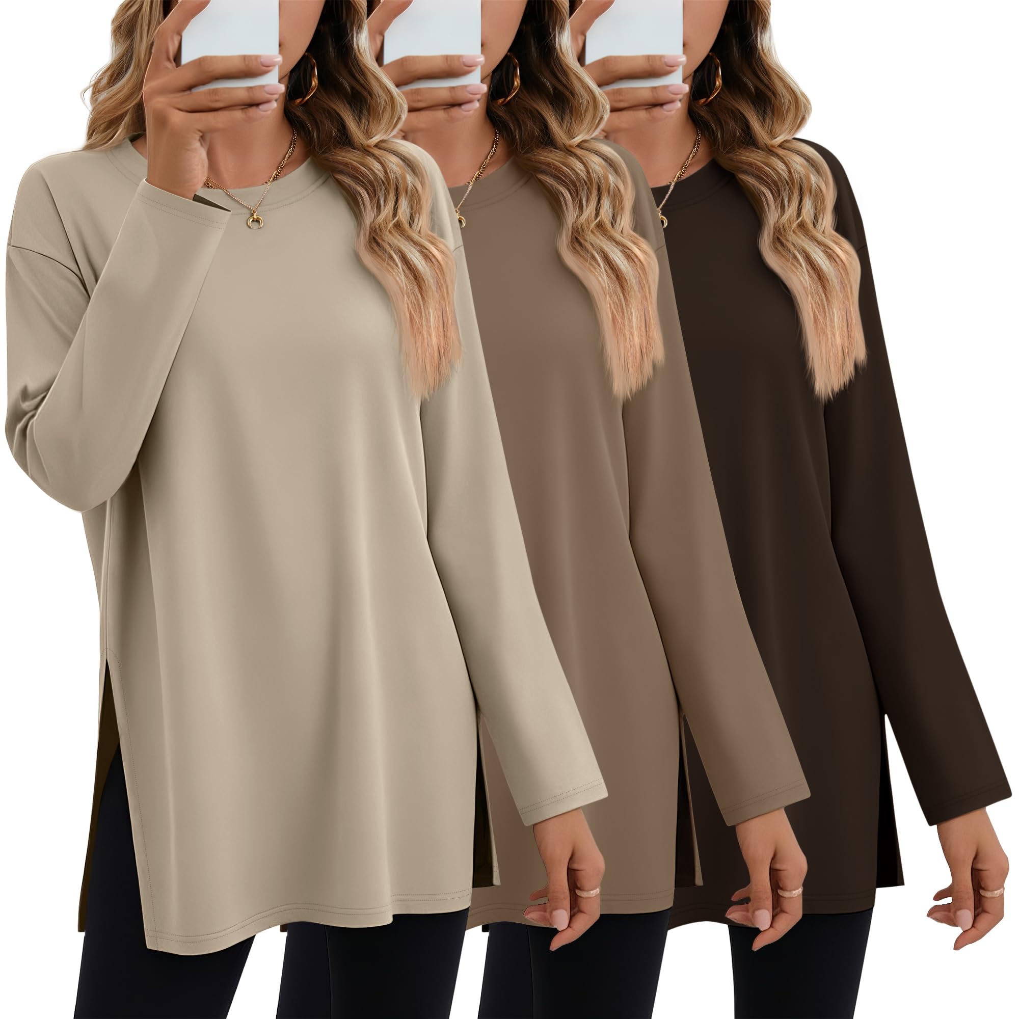 Photo 1 of Huukeay 3 Pack Oversized Long Sleeve Shirts for Women Cotton Workout Side Split Gym Crewneck Tops Loose Basic Tee Fall(Dark Brown, Coffee, Gray Khaki,Medium)