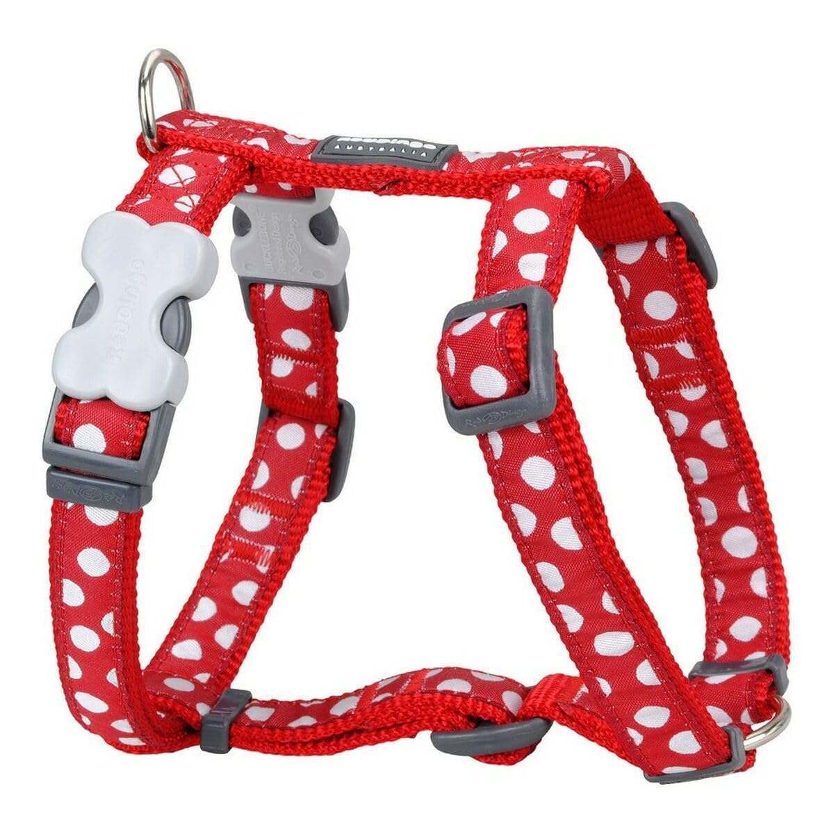 Red Dingo Classic Dog Harness, Design, White Spots on Red, SMALL (15mm)