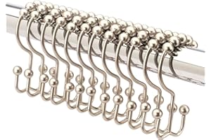 2 LB. DEPOT 2lbDepot Double Sided Shower Curtain Hooks, Decorative Brushed Nickel Shower Curtain Hooks Rust Proof, Premium Stainless Steel Metal Hooks, Easy Glide Rollers, Set of 12 Curtain Rod Rings