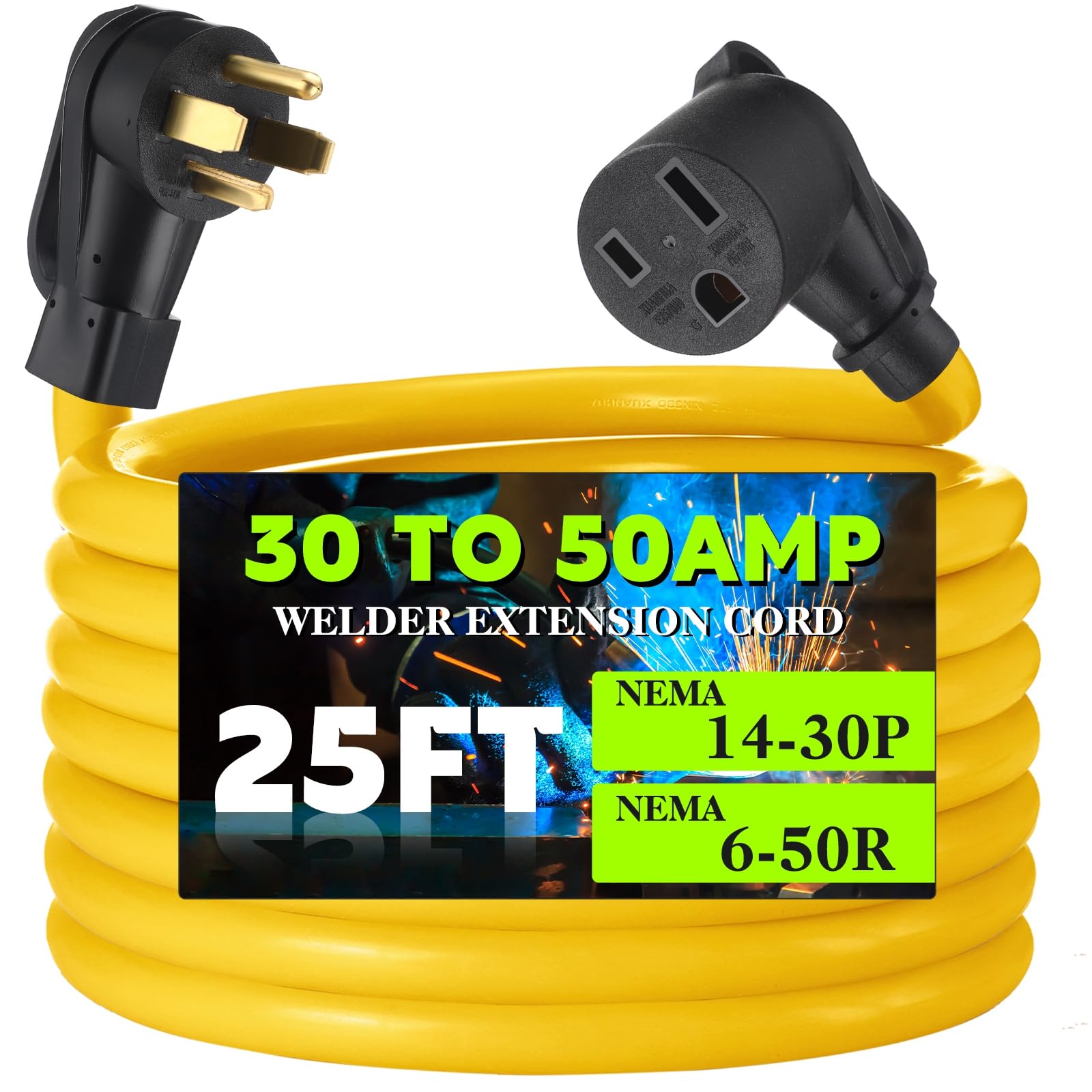 Photo 1 of Tellegloww 25FT 30Amp to 50Amp Welder Adapter Cord, NEMA 14-30P Male to 6-50R Female 30Amp 4 Prong Dryer to 50Amp 3 Prong Welder Plasma Cutter Power Adapter, STW 10 AWG/3C, ETL Listed