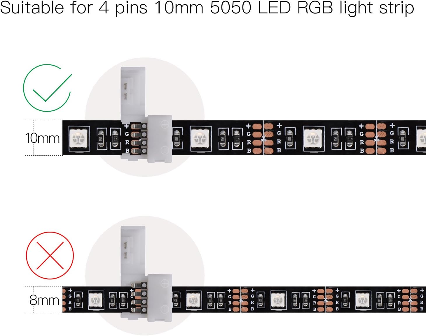 10 Pcs 4-Pin RGB LED Light Strip Connectors JACKYLED PBC 10mm Wide Gapless LED Tape Light Clips Solderless Adapter Connectors for SMD 5050 Multicolor LED Strips (White) - - 