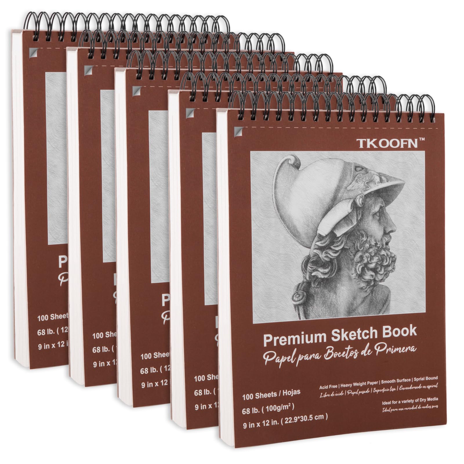 Photo 1 of TKOOFN 9" x 12" Sketch Book, 5 Pack Top Spiral Bound Premium Sketchbook (68lb/100gsm), 500 Sheet Total Drawing Pads, Acid-Free Painting Paper for Adults Kids Artists Beginners