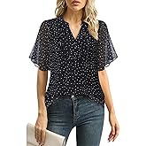 Furnex Womens Blouses Chiffon Ruffle Short Sleeve Tops Summer Pleated V Neck Casual Work Tops