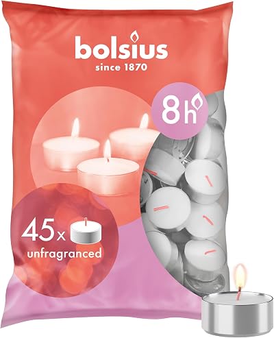 Bolsius Tealight Candles White Pack of 45 Long 8 Hour Burn Unscented