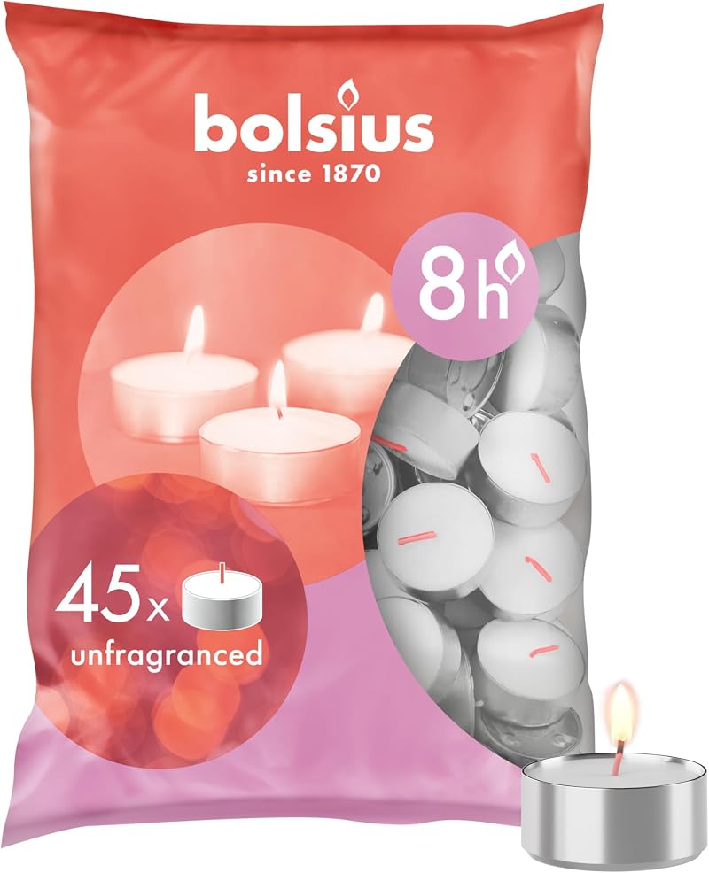 Bolsius Tealight Candles White Pack of 45 Long 8 Hour Burn Unscented