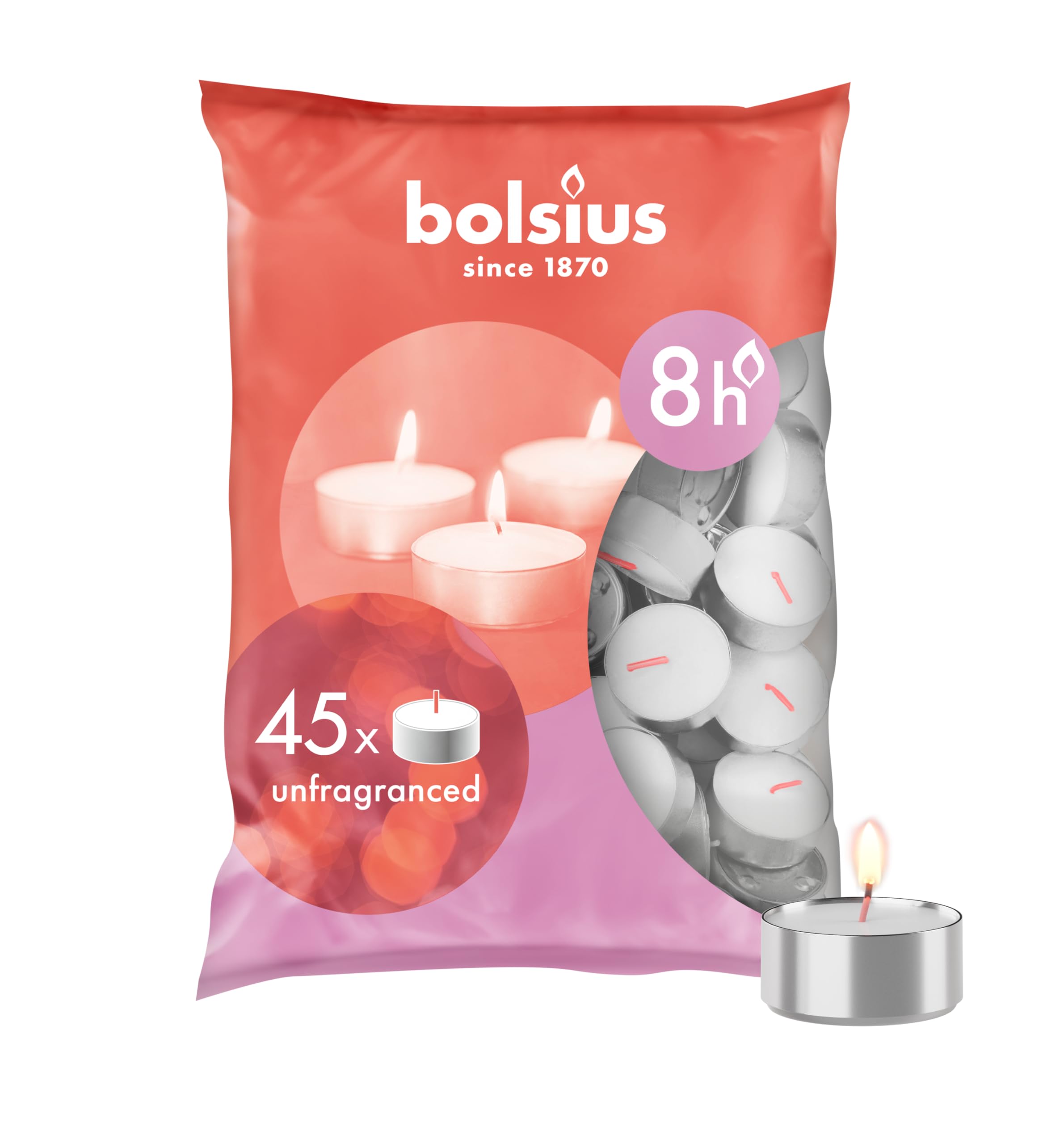 Bolsius Tealight Candles - White - Pack of 45 - Long Burning Time of 8 Hours - Household Candle - Interior Decoration - Unscented - No Drip - Smokeless - Includes Natural Vegan Wax - No Palm Oil — image 1