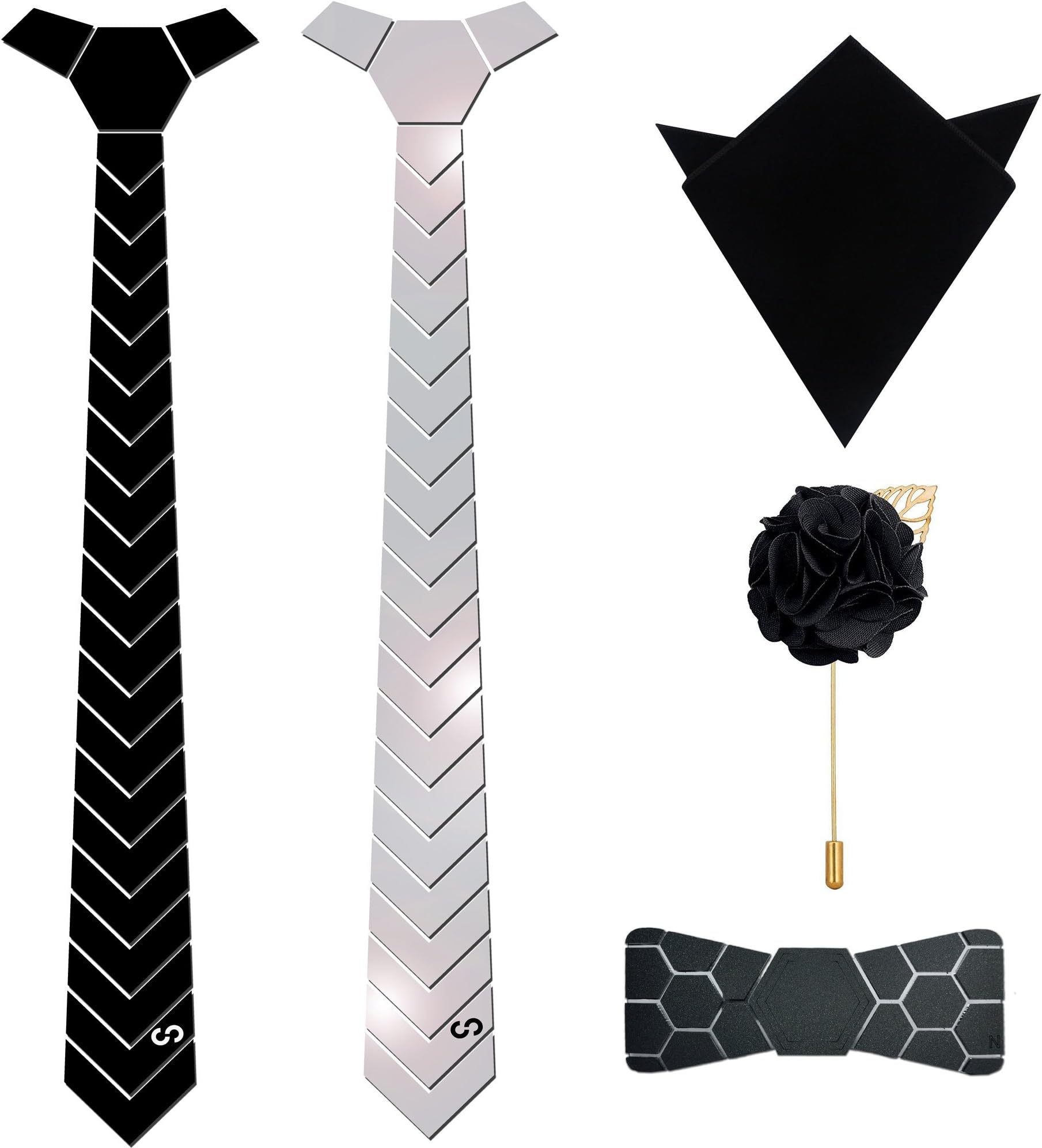 HEX TIE Men's Mirror Neck Reversible Tie , Pocket Square, Lapel Pin and Bow (Silver, Free Size)