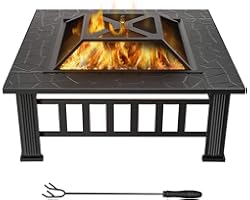 WINWEND Fire Pit Outdoor Wood Burning, 32in Firepit with Spark Screen, Waterproof Cover, Poker, Square Firepit for Patio Back