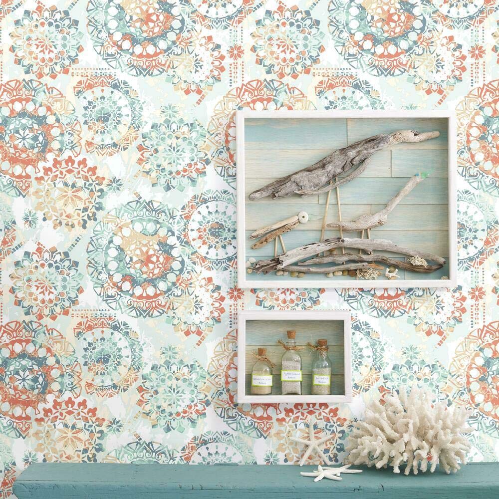 RMK9126WP Orange and Blue Boho Medallion Peel and Stick Wallpaper, Coral, 20.5" x 16.5 feet