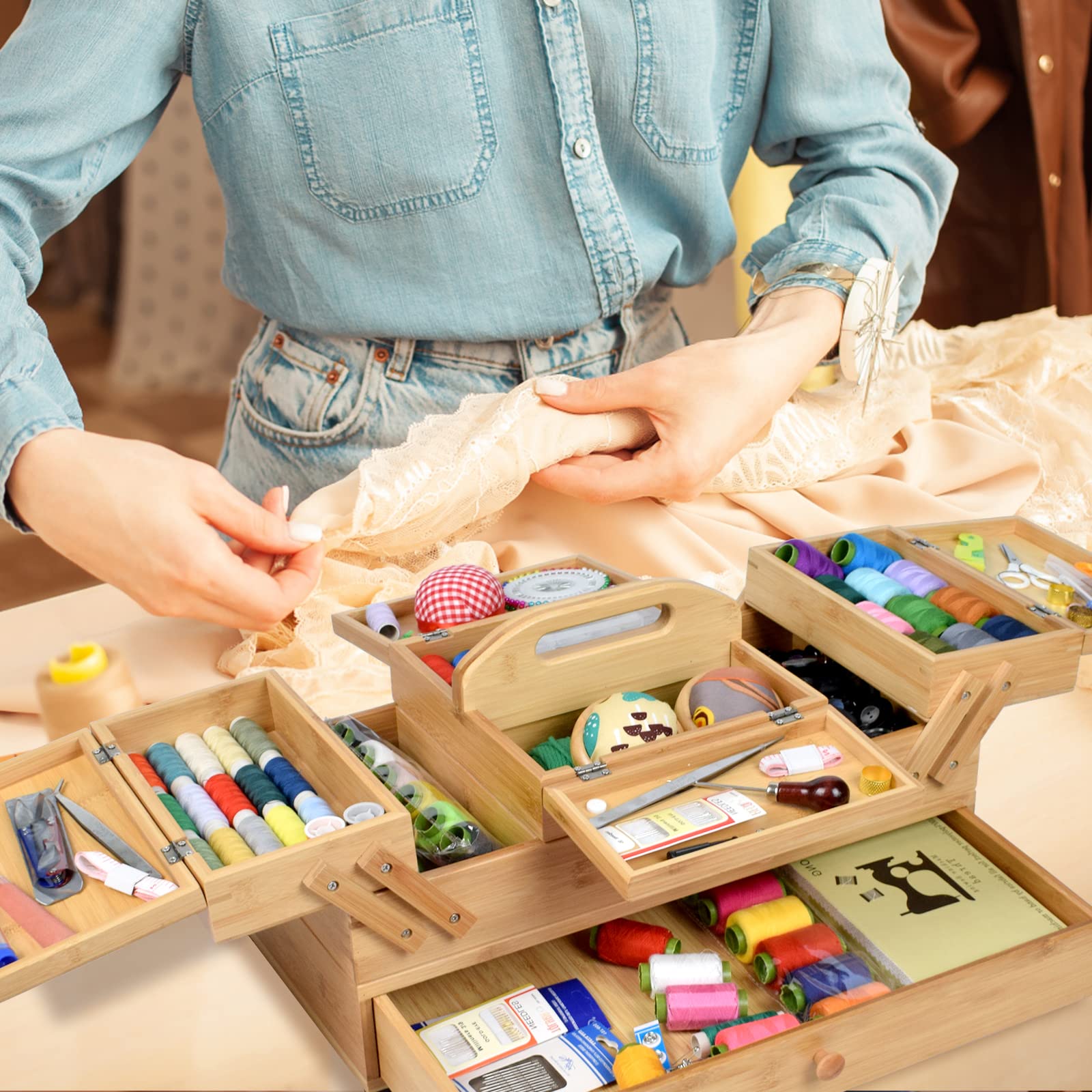 Adolfo Design Wooden Sewing Box Organizer for Sewing Supplies,Sewing Crafting Hobby Storage Box, 3 Tier Drawers for Craft Tools, Needles Assorted