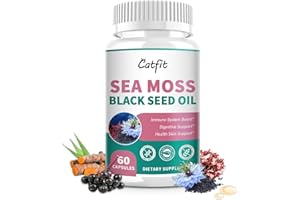 CATFIT Sea Moss 3000mg Black Seed Oil 2000mg Capsules with Ashwagandha, Turmeric, Elderberry, Burdock for Immune & Digestive Suppport, 18 Beneficial Ingredients Blend, Potent Health Supplement, 60 Capsules