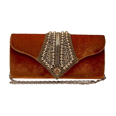 Unibrand Golden Beads Strap on Orange Velvet Designer Handmade Clutch by The Indian Handicraft Store (With Freebie)