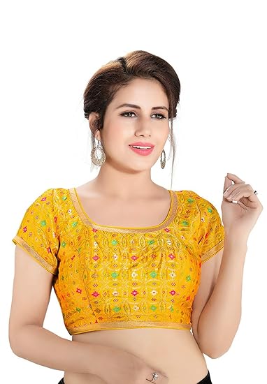 Women's Yellow Dupion Silk Brocade Readymade Saree Blouse