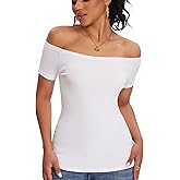 ASAIR off Shoulder Short Sleeve Tops for Women Boat Neck T Shirts Ribbed Basic Trendy Stretchy Tshirts