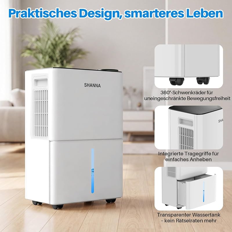 Luftentfeuchter elektrisch 15L/24h, Entfeuchter elektrisch 35dB, Raumentfeuchter für Räume ca. 35m², mit Ablaufschlauch, Timer, für Wohnmobil, Badezimmer, Keller, Kältemittel R290, 10 J. Gar.