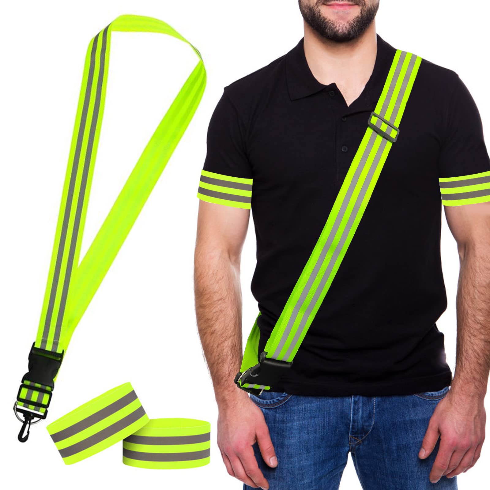 Cosysparks Reflective Running Gear 3Pcs, Reflective Sash Adjustable Reflective Belt High Vis Reflective Sash with 2 Wristbands for Night Walking Cycling
